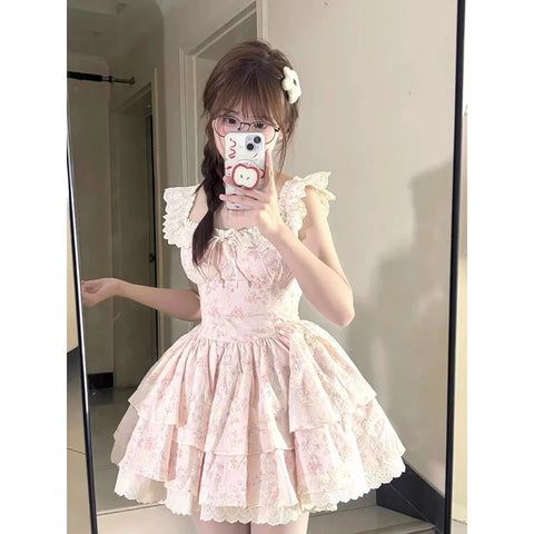 MEXZT Kawaii Floral Mini Dress Women Japanese Cutecore Lace Ruffles Dresses Summer Party Flying Sleeve Bodycon A Line Vestidos
