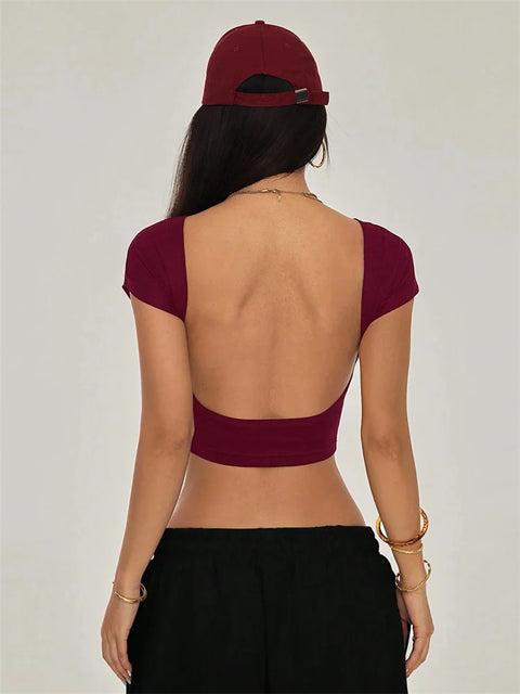 Sexy Backless Short Sleeve T Shirt Women Summer Grunge Y2K Clothes High Street Style Plain Black Crop Tee Top Streetwear 2024