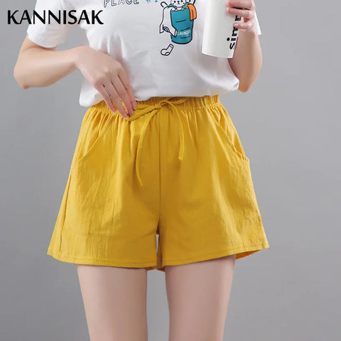 Women Shorts Summer 2025 Korean Wide Leg Casual Solid Drawstring Elastic Waist Shorts Girls Cotton Women's Mini Biker Shorts