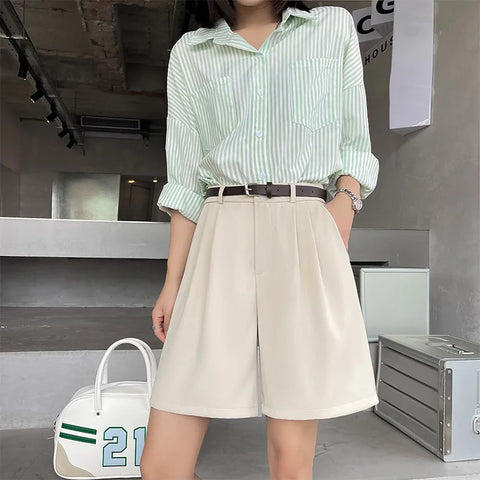 Fashion Wide Leg Suit Shorts Woman Summer Thin Breathable Knee Length Shorts Women Loose Solid Color Elastic Waist Short Pants