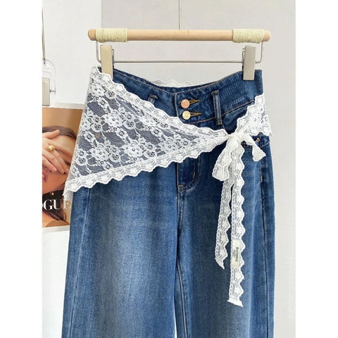 Korean Fashion Lace Irregular Skirt Curtain White Flowers Lace Mesh Halfbody Skirt Women Summer Bottoms Jeans Decorative Hemline