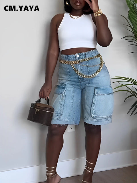 CM.YAYA Women Fashion Pocket Side Straight Knee Length Cargo Jeans 2025 Summer Party Street Short Pants