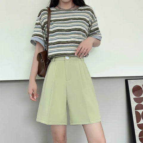 Fashion Wide Leg Suit Shorts Woman Summer Thin Breathable Knee Length Shorts Women Loose Solid Color Elastic Waist Short Pants