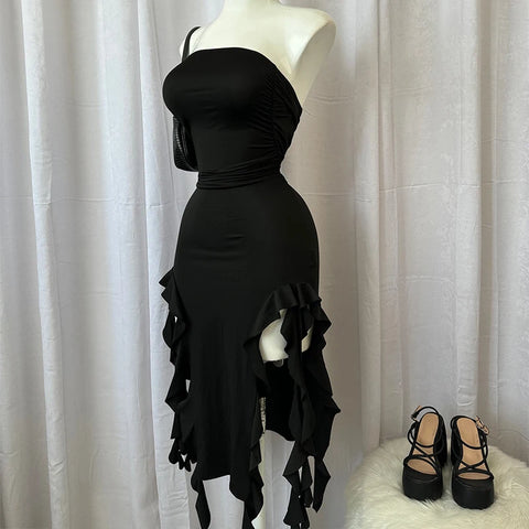 Sexy Strapless Tube Long Dress Summer Women Sleeveless Backless Irregular Layered Ruffled Tassels Skirt Y2K Fashion Slim Dresses