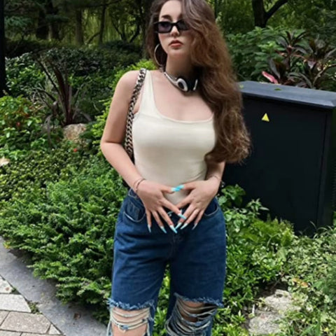White Sports Tank Top Women Scoop Neck Off Shoulder Body Top Streetwear Ribbed Bodysuits Suit Slim Clothes Catsuit Clothing