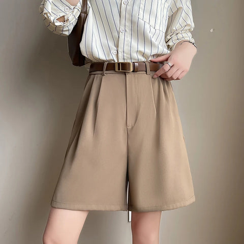 Fashion Wide Leg Suit Shorts Woman Summer Thin Breathable Knee Length Shorts Women Loose Solid Color Elastic Waist Short Pants