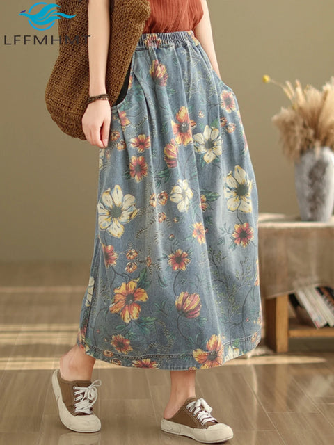 Vintage Flower Print Denim Skirt Women's Summer Fashion Elastic Waist Loose Casual Retro Patchwork Mid-long Dress with Pockets