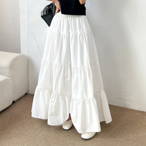ZANZEA Women Korean Fashion Tiered Maxi Skirt Elastic Waist Casual Solid Color A-line Faldas Mujer Holiday Streetwear Long Jupes