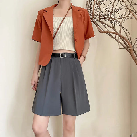 Fashion Wide Leg Suit Shorts Woman Summer Thin Breathable Knee Length Shorts Women Loose Solid Color Elastic Waist Short Pants