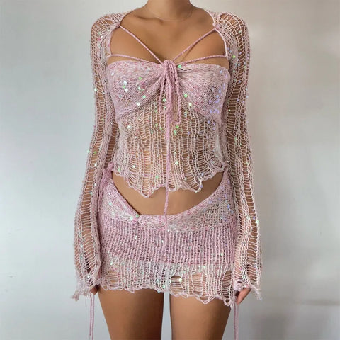 Sexy Beach Women's Fishnet Skirt Suits Summer Sequin Hollow Out Lace Up Long Sleeve Tube Tops + Wrap Hip Mini Skirt 2 Piece Set