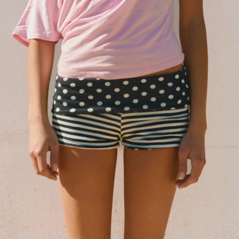 Women Fold Over Mini Shorts Y2k Cute Polka Dot Waistband and Horizontal Stripes Low Rise Elastic Waist Shorts Casual  Hot Shorts