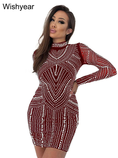 New Sparkle Rhinestone Pearl Mini Dress Women Luxury Stand Neck Crystal Night Club Short Evening Party Vestidos Birthday Outfits