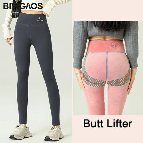 BIVIGAOS Winter Pink Velvet Warm Sharkskin Leggings Women Airplane Print High Waist Butt Lifter Thick Insulated Leggings Autumn