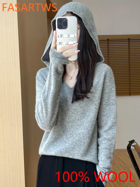 2025 New Women's Hooded Sweater 100% Merino Wool Seamless Knit Long Sleeve Pullover Cozy Comfort Fit Versatile Daily Wear