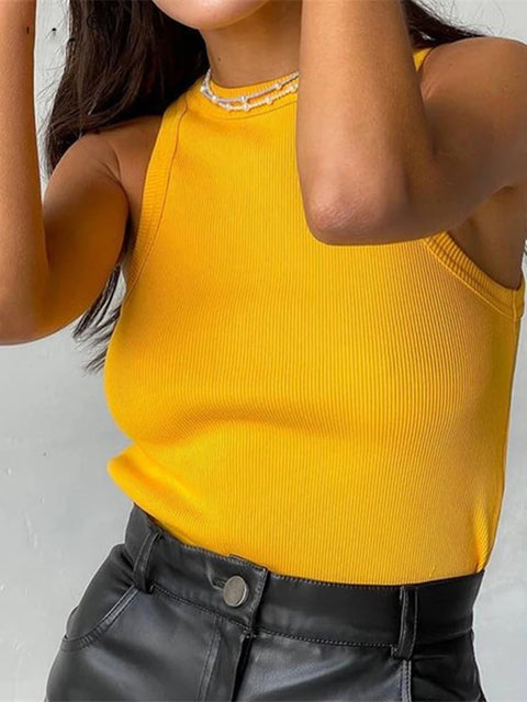 Women's Ribbed Knitted Tank Top Off-Shoulder Sporty Casual Summer Basic Shirts in White Black Green - Neckline Vest Style