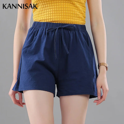 Women Shorts Summer 2025 Korean Wide Leg Casual Solid Drawstring Elastic Waist Shorts Girls Cotton Women's Mini Biker Shorts