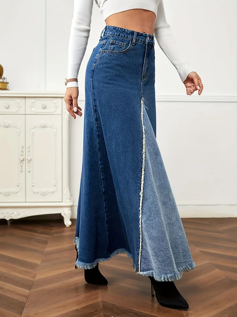 2023 Autumn New Women's Denim Long Skirt Fashion Loose Spliced Denim Swing Skirt Female Casual Clothes XS-L Drop Shipping