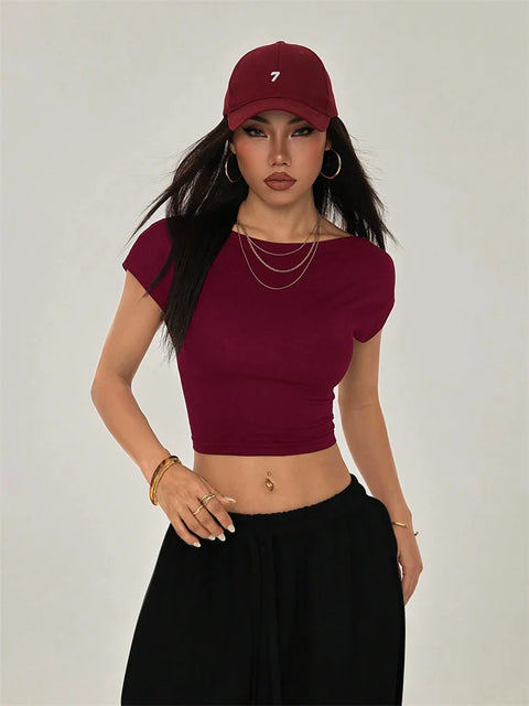 Sexy Backless Short Sleeve T Shirt Women Summer Grunge Y2K Clothes High Street Style Plain Black Crop Tee Top Streetwear 2024