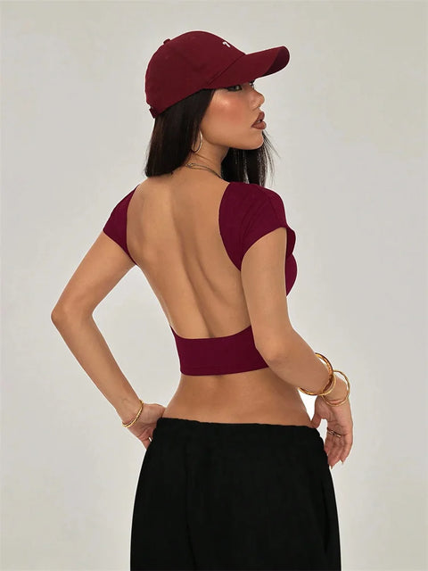 Sexy Backless Short Sleeve T Shirt Women Summer Grunge Y2K Clothes High Street Style Plain Black Crop Tee Top Streetwear 2024