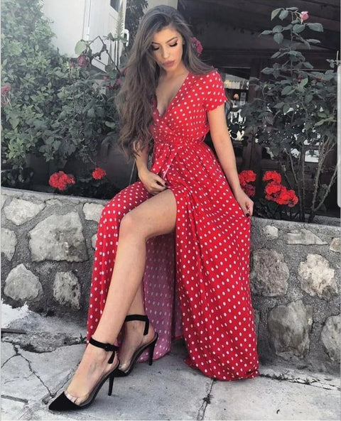 Women Summer Dress Bohemian Short Sleeve V-neck Low Cut Printed Polka Dot Dresses women's Clothing YFL6256
