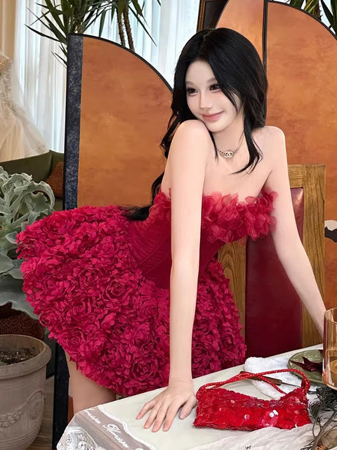 REDDACHiC Floral Applique Bubble Dress Slim Lace-up Backless Boned Corset Mini Party Dress Cocktail Party Evening Women Clothes