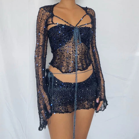 Sexy Beach Women's Fishnet Skirt Suits Summer Sequin Hollow Out Lace Up Long Sleeve Tube Tops + Wrap Hip Mini Skirt 2 Piece Set