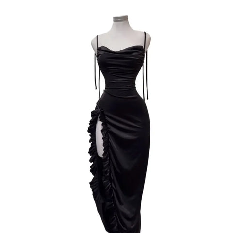Korean Y2K Summer Sleeveless Lace-up Wrap Hip Pleated Dress Women Sexy Club Vintage Backless Bodycon Ruffles Slip Long Dresses