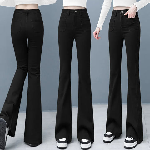 Women Flared Jeans Loose Denim Pants Bottom Straight High Waist Stretch Spring Autumn Solid Color Female Fashion Streetwear