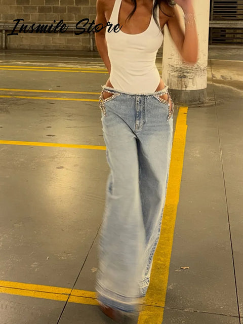 Y2K Women's Diamond Star Blue Jeans High Waist Pockets Zipper Wide Leg Denim Pant 2026 Summer Autumn Lady Street All-match Pants