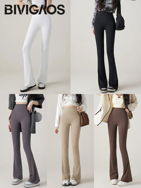 BIVIGAOS New White Micro Flared Leggings Women High Waist Slim Butt Lifter Yoga Horseshoe Pants Stretch Sexy Shark Flared Pants