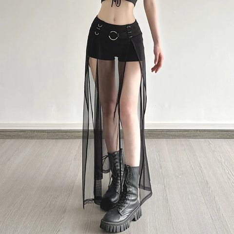 Dark Solid Shorts With Split Maxi Skirts Gothic See Through Ring Low-Waisted Shorts Women 2025 Summer Fashion Streetwear Lady