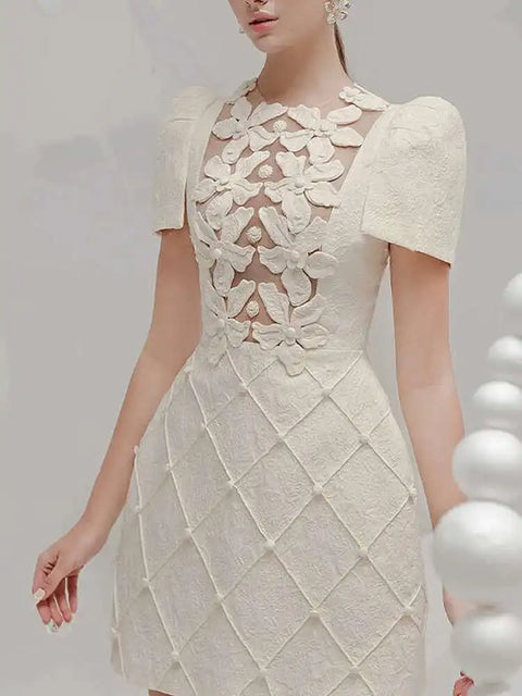 DEAT Elegant Dress O-neck 3D Flower Patchwork Embroidery Solid A-line Women's Evening Party Dresses 2026 Spring New Tide 35Z895