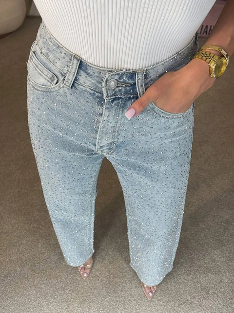 Women's Jeans 2025 Spring Autumn New Fashion Full Diamond Washed Denim Jeans Spicy Girl High Waist Casual Straight Leg Pants
