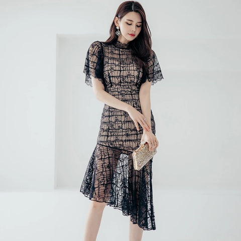 H Han Queen New Summer Elegant Sexy See Through Lace Dress Women Korean Irregular Sheath Mermaid Dresses Simple Party Vestidos