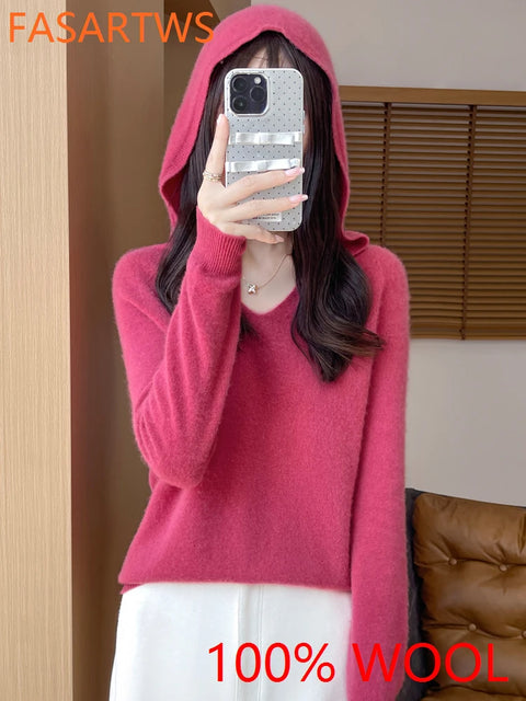 2025 New Women's Hooded Sweater 100% Merino Wool Seamless Knit Long Sleeve Pullover Cozy Comfort Fit Versatile Daily Wear