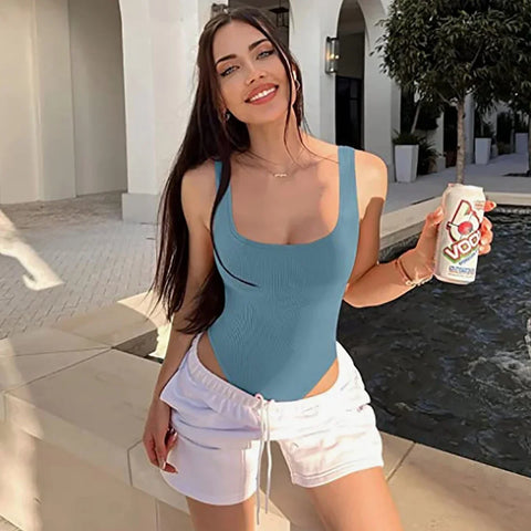 White Sports Tank Top Women Scoop Neck Off Shoulder Body Top Streetwear Ribbed Bodysuits Suit Slim Clothes Catsuit Clothing