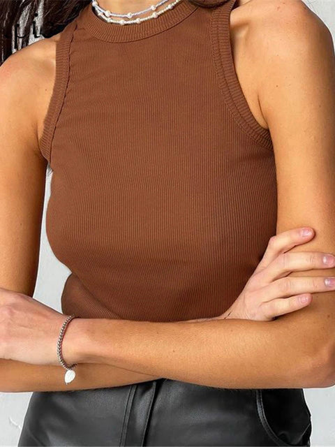 Women's Ribbed Knitted Tank Top Off-Shoulder Sporty Casual Summer Basic Shirts in White Black Green - Neckline Vest Style