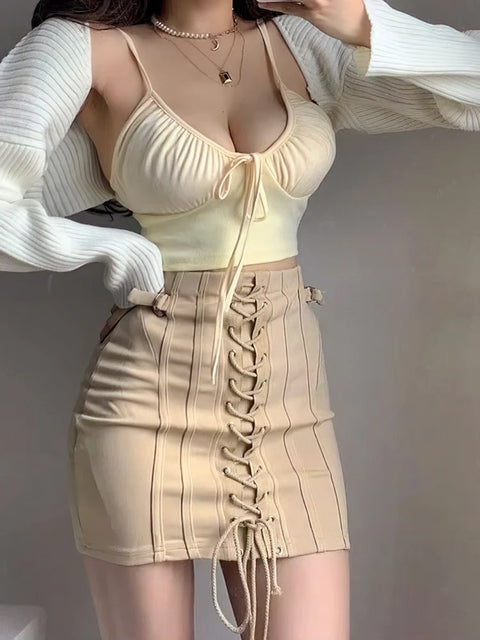 Sexy Beige Basic Bra Tops Woman Off Shoulder Tank Top With Thin Strap 100% Cotton Bustier Lingerie Cute Front Bow Tied Camis