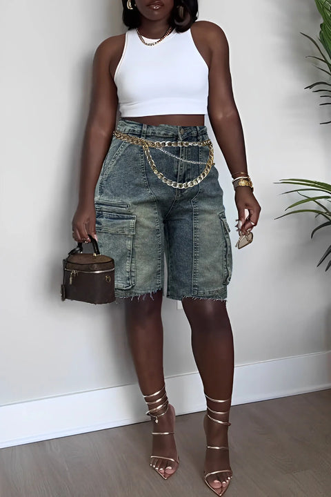 CM.YAYA Women Fashion Pocket Side Straight Knee Length Cargo Jeans 2025 Summer Party Street Short Pants