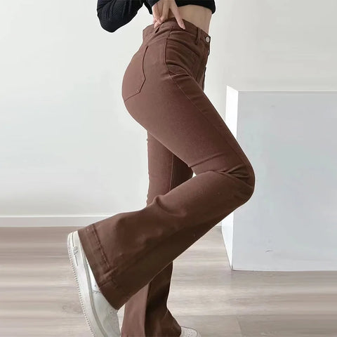 Women Flared Jeans Loose Denim Pants Bottom Straight High Waist Stretch Spring Autumn Solid Color Female Fashion Streetwear