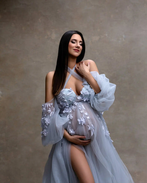 Fairy Blue Floral Matenity Dress Photoshoot Off Shoulder Illusion Soft Tulle Slit Maternity Dresses Pregnancy Gown Baby Shower