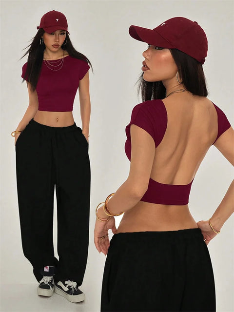 Sexy Backless Short Sleeve T Shirt Women Summer Grunge Y2K Clothes High Street Style Plain Black Crop Tee Top Streetwear 2024