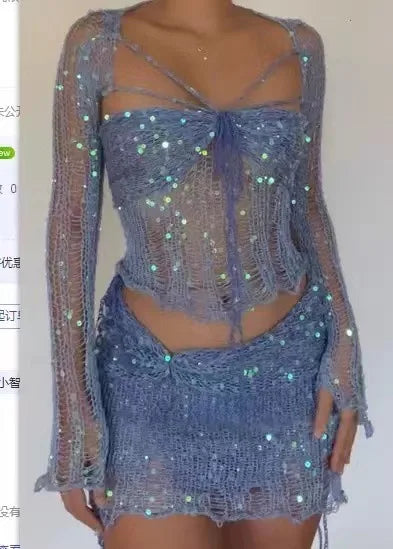 Sexy Beach Women's Fishnet Skirt Suits Summer Sequin Hollow Out Lace Up Long Sleeve Tube Tops + Wrap Hip Mini Skirt 2 Piece Set