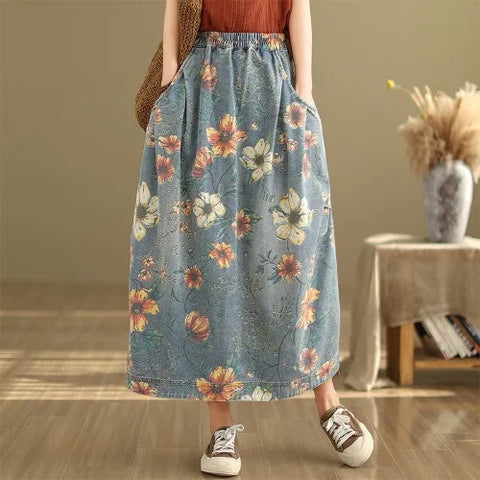 Vintage Flower Print Denim Skirt Women's Summer Fashion Elastic Waist Loose Casual Retro Patchwork Mid-long Dress with Pockets