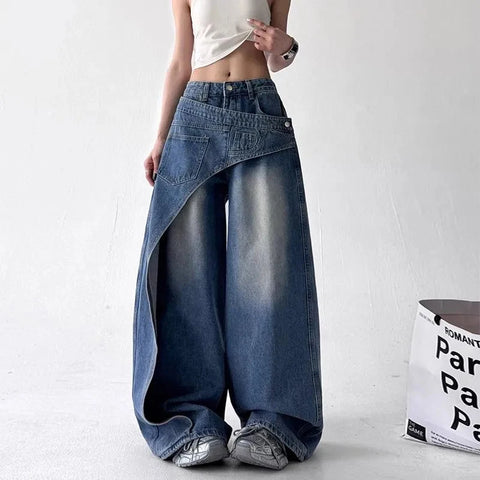Y2K Fashion Irregular Patchwork Jeans Women Korean Chic Streetwear Hip Hop Straight Trousers Bf High Waist Casual Denim