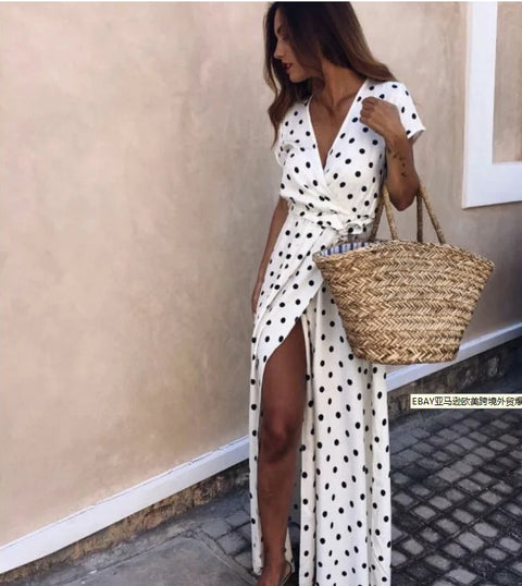 Women Summer Dress Bohemian Short Sleeve V-neck Low Cut Printed Polka Dot Dresses women's Clothing YFL6256