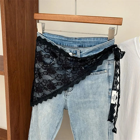 Korean Fashion Lace Irregular Skirt Curtain White Flowers Lace Mesh Halfbody Skirt Women Summer Bottoms Jeans Decorative Hemline