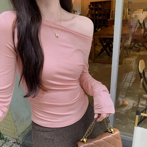 Off Shoulder Casual Pink T Shirts Women 2026 Korean Fashion Long Sleeve Tshirt Slim Y2k Clothes Sweet Sexy Lady Black Crop Tops