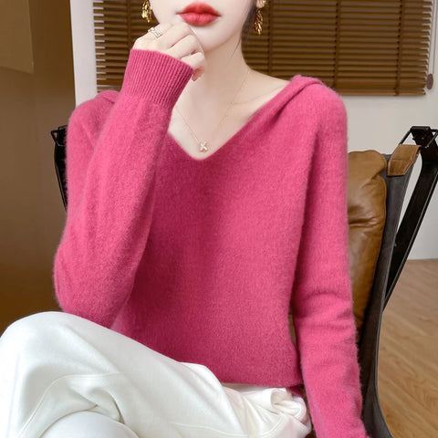 2025 New Women's Hooded Sweater 100% Merino Wool Seamless Knit Long Sleeve Pullover Cozy Comfort Fit Versatile Daily Wear