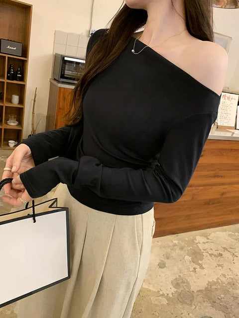 Off Shoulder Casual Pink T Shirts Women 2026 Korean Fashion Long Sleeve Tshirt Slim Y2k Clothes Sweet Sexy Lady Black Crop Tops